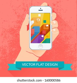 Male hand holding smartphone. Vector flat design.