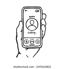 Male hand holding smartphone. Video calling cartoon line art interface concept. Mobile phone hand drawing style illustration.