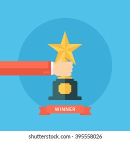 Male hand holding star award. Winner trophy award. First place. Gold star award. Flat vector illustration.