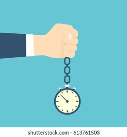 Male hand holding stopwatch. Flat design style vector illustration. Time control, planning.