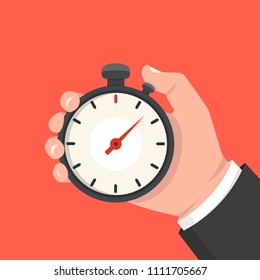 Male hand holding stopwatch. Time management concept. Vector illustration.