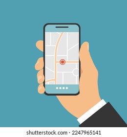 Male hand holding touch screen mobile phone. GPS navigation with map - vector on a green background