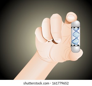 Male hand holding a transparent pill. A dna strand is visible inside the pill.