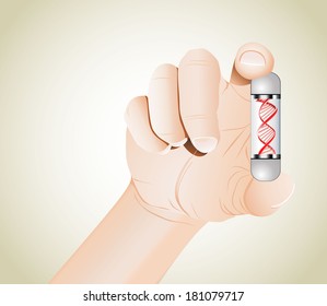 Male hand holding a transparent pill. A DNA strand is visible inside the pill.