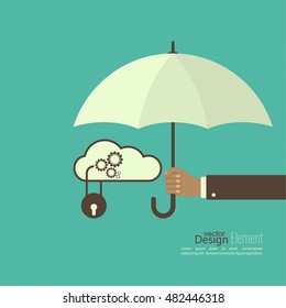 Male Hand Holding An Umbrella. The Concept Of Protection, Personal Data, Databases.