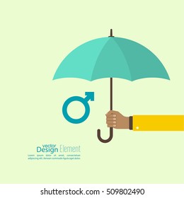 Male Hand Holding An Umbrella. The Concept Of Family Protection, Security, Planning, Treatment Of Sexually Transmitted Diseases.