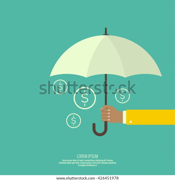 Male hand holding an umbrella. Protection of
money, personal funds, bank
deposits