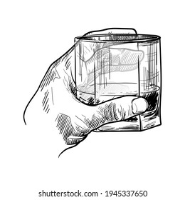 Male hand holding a whiskey glass. Black linear sketch isolated on white background. EPS10 vector illustration
