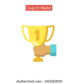 Male hand holding winner cup icon. Trophy Cup icon. Flatpictogram for web site design and mobile apps. Vector illustration.
