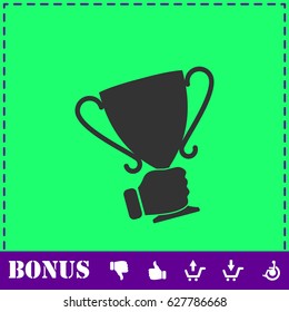 Male hand holding winner cup icon flat. Simple vector symbol and bonus icon