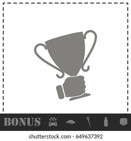 Male hand holding winner cup icon flat. Simple vector symbol and bonus icon