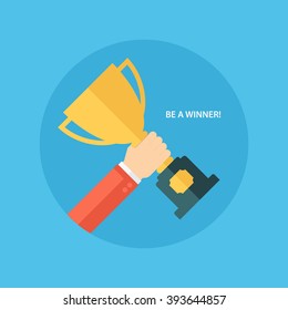 Male Hand Holding Winner's Cup. Winner Trophy Awards. Trophy Cup Flat Icon. Winner Cup Vector Illustration.