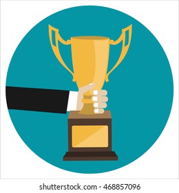 Male hand holding winner's cup. Winner trophy awards. Trophy cup flat icon. Winner cup vector illustration.