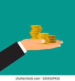 Male hand holds coins. Vector illustration