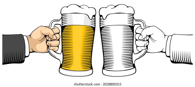 Male hand holds glass beer mug. Colored and sketch drawing. Vector illustration.