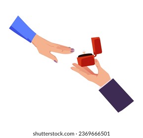Male hand holds out a box with engagement ring to woman. Marriage proposal and declaration of love concept, flat vector illustration isolated on white background.