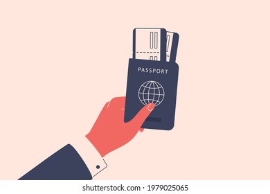 Male hand holds a passport with the boarding pass or flight ticket. Man gives the document allowing to travel. Passport control concept. Vector illustration