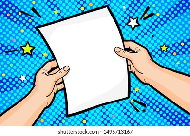 Male hand holds a sheet of paper in pop art style on blue background. Vector colorful hand drawn illustration with halftone in retro comic style.