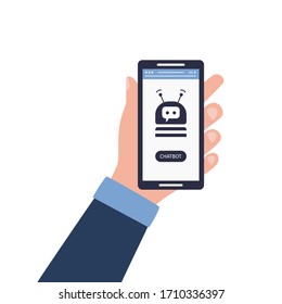 A male hand holds a smartphone with a chatbot. Development and use of chatbots on social networks, applications, websites. Flat vector illustration isolated on white background.