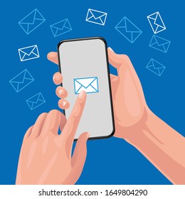 A male hand holds a smartphone with a modern design and sends messages. Illustration of modern mail.