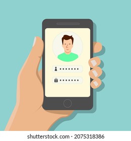 Male hand holds a smartphone with a website authorization page with secure login and password on the smartphone screen. Young male avatar. Vector illustration.
