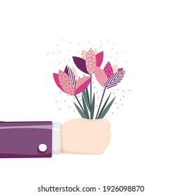 Male hand holds three bright tulips. Cute illustration. Ideal for decorating holiday cards, banners, cards, flower shops. Vector illustration.
