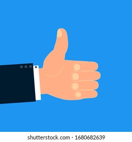 Male hand in a jacket showing like on a blue background. A picture illustrating approval and contentment. Vector illustration. Stock Photo.