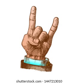 Male Hand Make Goat Gesture Two Fingers Up Vector. Businessman Showing Rock And Roll Gesture Rocker Sign Emotion And Expression. Man Wrist Gesturing Signal Color Illustration