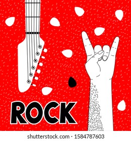 Male Hand Make Goat Gesture Two Fingers Up and guitar neck. Rock and Roll symbols