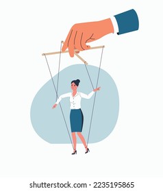 Male hand manipulates and abuses a woman. Flat style cartoon vector illustration.  