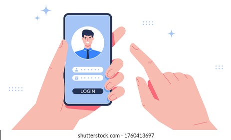 Male Hand With Phone. Login Screen. Smartphone With Man Avatar. Isolated In White