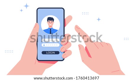 Male Hand with phone. Login screen. Smartphone with man avatar. Isolated in white