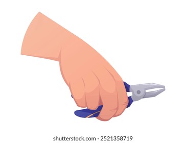 Mano masculina con alicates. Vector aislado en ilustración de dibujos animados blancos de herramienta de trabajo para reparación y carpintería, pinzas de metal.