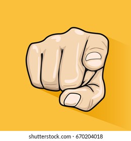 Male hand pointing finger at you over yellow background