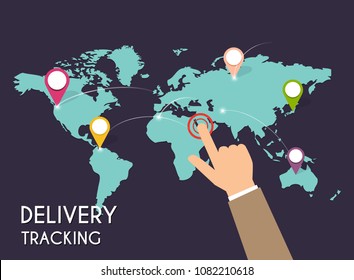 Male hand pointing on map. Delivery tracking. Vector modern flat creative info graphics design on  application. 