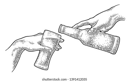 Male hand pouring beer from a bottle into a glass. Section fresco The Creation of Adam. Vector black vintage engraving illustration isolated on a white background. For web, poster