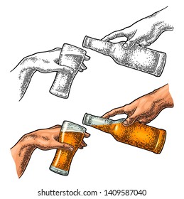 Male hand pouring beer from a bottle into a glass. Vector color vintage engraving illustration isolated on a white background