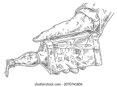 Male hand pours whiskey from bottles. Vintage vector black engraving illustration isolated on white background