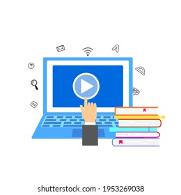 Male hand presses the sign play on the computer. Stack of books. Flat style. Vector illustration
