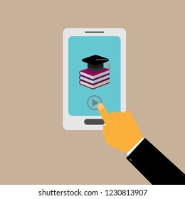 Male hand presses the start button of a video lesson with e-learning on a smartphone
