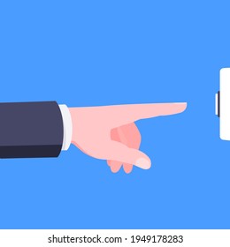 Male hand pushes doorbell button flat style design vector illustration isolated on blue background. Finger touches door bell switch button to ring.
