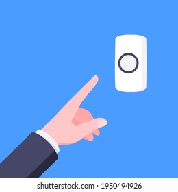 Male Hand Pushes Doorbell Button Flat Style Design Vector Illustration Isolated On Blue Background. Finger Touches Door Bell Switch Button To Ring.