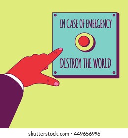 Mano masculina empujando el Botón de emergencia con inscripción En caso de emergencia destruir el mundo. Perspectiva de vista subjetiva. Máscara de recorte utilizada.