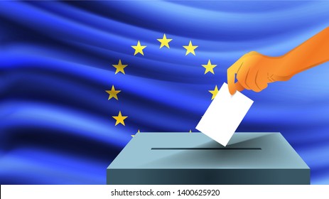 Male hand puts down a white sheet of paper with a mark as a symbol of a ballot paper against the background of the EU flag, the symbol of elections 2019 