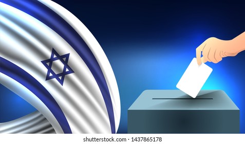 Male hand puts down a white sheet of paper with a mark as a symbol of a ballot paper against the background of the Israel flag, israel the symbol of elections