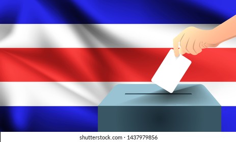 Male hand puts down a white sheet of paper with a mark as a symbol of a ballot paper against the background of the Costa Rica flag, Costa Rica the symbol of elections