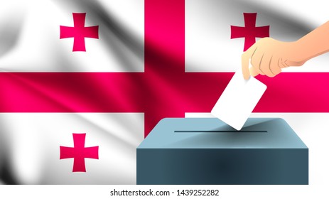 Male hand puts down a white sheet of paper with a mark as a symbol of a ballot paper against the background of the Georgia flag, georgia the symbol of elections