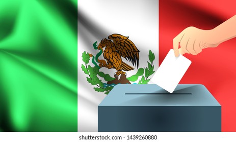 Male hand puts down a white sheet of paper with a mark as a symbol of a ballot paper against the background of the Mexico flag, mexico the symbol of elections