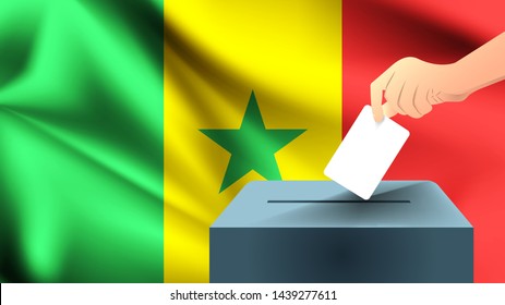Male hand puts down a white sheet of paper with a mark as a symbol of a ballot paper against the background of the Senegal flag, Senegal the symbol of elections