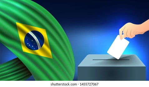 Male hand puts down a white sheet of paper with a mark as a symbol of a ballot paper against the background of the Brazil flag, Brazil the symbol of elections